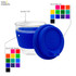 A blue glass coffee cup with a silicone lid and band, featuring a logo design.