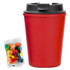 A drink bottle in vibrant red with a black lid, accompanied by a pack of colourful jelly beans.
