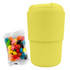 A drink bottle in bright yellow silicone, accompanied by a packet of colourful jelly beans. Features a logo on the side.