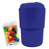 A reusable coffee cup in vibrant purple, accompanied by a pack of assorted jelly beans.