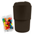 A reusable coffee cup in dark brown, next to a pack of colourful jelly beans. It features a branding logo.