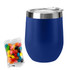 A navy blue coffee cup with a stainless steel lid, accompanied by a pack of colourful jelly beans.