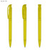 Three transparent yellow plastic pens are displayed, featuring clips and a smooth design. Each pen has a logo.