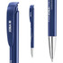 A blue plastic pen with a shiny finish and a clip, featuring a logo and branding details.