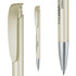 A metallic pen in a gold finish with a sleek design and a silver tip, featuring a logo on the body.