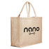 A beige jute bag with two handles and a logo on one side. Ideal for reusable grocery shopping.
