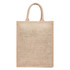 A jute bag in a natural beige colour with two sturdy handles and a blank surface. It features a logo.