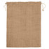 A natural jute bag with a drawstring closure, featuring a textured surface in a light brown hue.