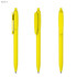 A set of three yellow plastic pens with a streamlined design and clip for easy attachment. Each pen has a cap.