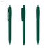 A green plastic pen with a clip, displayed from multiple angles. The pen features a click mechanism at the top.