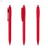 A set of three red plastic pens featuring a clip and a sleek design, with one showing the top, side, and front views.