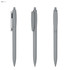 A grey plastic pen featuring a clip and smooth design, displayed from three angles. The pen has a branding logo.