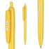 A yellow plastic pen with a clip and a logo. The pen is shown from multiple angles.