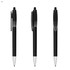 A black plastic pen with a transparent grip, featuring a clip and a silver tip. The pen is shown from three angles.
