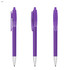 A purple plastic pen with a transparent body and a silver clip, featuring a simple, sleek design and a logo.