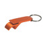 An orange bottle opener keyring with a metal finish and a circular keyring attachment. It features a logo.