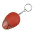 A drink bottle opener key ring in red, featuring a transparent bottom section with three small dice inside.