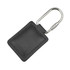 A black leather key ring with a metal clip for attaching keys. It features a simple rectangular design.