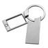 A metallic key ring with a rectangular frame and a flat tag, featuring a smooth silver finish.