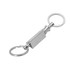 A silver key ring with a smooth cylindrical design and two keychain rings on either end.