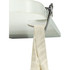 A mobile stand and hanger key ring in silver, attached to a white surface, holding a beige fabric strap.