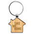 A bamboo key ring shaped like a house with a silver keychain attachment and a logo.