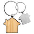 A bamboo house-shaped key ring with a silver metal key ring. Features a smooth wooden surface.