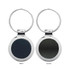 A keyring featuring a round metal design in glossy and matte finishes, with a silver ring attachment.