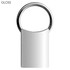 A silver key ring with a rectangular tag and a circular attachment loop. It features a glossy finish.