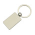 A silver key ring with a rectangular pendant and a circular attachment, featuring a smooth, blank surface.