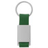 A green keyring with a silver metal attachment and a woven strap. The keyring features a logo.