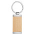 A wooden panel key ring with silver metal accents and a circular attachment.
