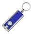 A blue and silver key ring in the shape of a torch, featuring a round button and a metal keychain attachment.