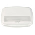 A white 3-section lunch box with a transparent lid, featuring a smooth surface and a simple design.