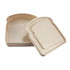 A bamboo sandwich box in a light beige colour, featuring a removable lid shaped like a slice of bread, with a logo.