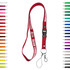 A red polyester lanyard with a clip, surrounded by swatches of various colours. Features a branding logo.