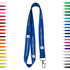 A blue nylon lanyard featuring a clip, with various lanyard colours displayed alongside it.