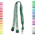 A green woven lanyard featuring text, with a metal clip and a variety of colour options displayed alongside.