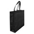 A black laminated non-woven tote bag with a large gusset and dual handles, featuring a branding logo.