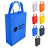A blue laminated non-woven trade show bag with two handles and a logo, surrounded by bags in grey, orange, red, yellow, and black.