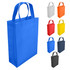 A blue laminated non-woven trade show bag with dual handles, displayed alongside bags in grey, orange, red, yellow, and black.
