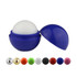 A blue lip balm ball with a white sphere top, surrounded by various coloured balm containers including gold, silver, green, and red.