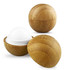 A bamboo lip balm ball in natural wood texture opens to reveal a white balm container inside.