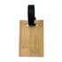 A bamboo luggage tag with a black strap. The tag features a natural wood finish and a minimalist design.