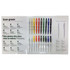 A display of various pens in multiple colours, arranged in a sleek presentation with a branded logo.