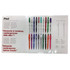 A presentation kit featuring a variety of pens in multiple colours, displayed within a folder that includes branding.