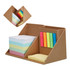A memo holder with multiple compartments contains sticky notes in pastel colours and vibrant flags, along with a logo.