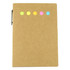A sticky note pad in a brown cover featuring five colourful tabs in yellow, green, pink, and blue, with a black pen.