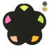 A flower-shaped sticky note pad in black with bright pink, orange, yellow, and green note sections. It has a logo.