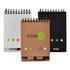 A set of three notepads in white, black, and brown, featuring colourful sticky notes and a pen. Each pad has a logo.